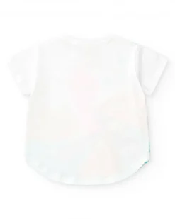 Camiseta blanca para niña con pájaro multicolor y detalles en tejido