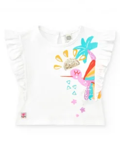 Camiseta blanca para niña con colibrí tropical y lentejuelas