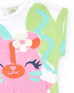 Camiseta blanca para niña con estampado tropical y cierre trasero
