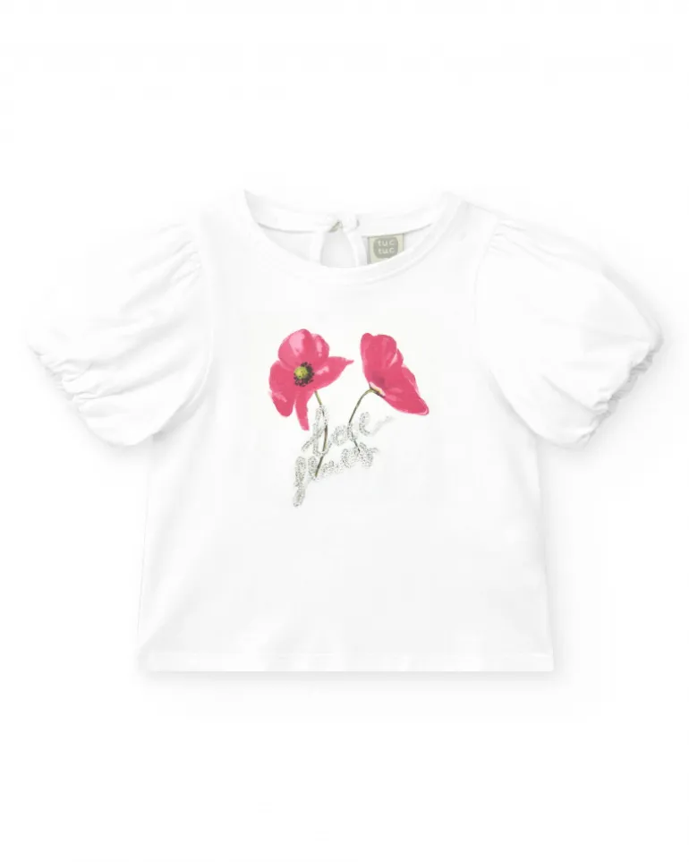 Camiseta blanca para niña con flores y brillo
