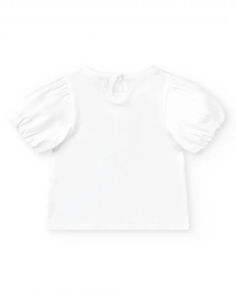 Camiseta blanca para niña con flores y brillo
