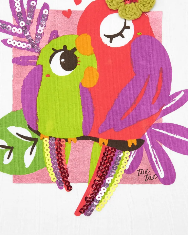 Camiseta blanca para niña con loros bordados y lentejuelas