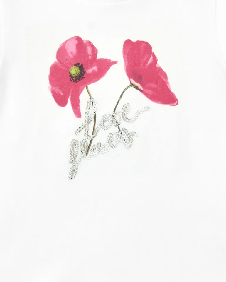 Camiseta blanca para niña con flores y brillo