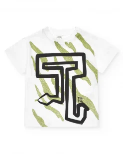 Camiseta blanca para niño con estampado y letras en verde y negro
