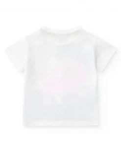 Camiseta blanca para niño con vehículos multicolor y cierre en el hombro