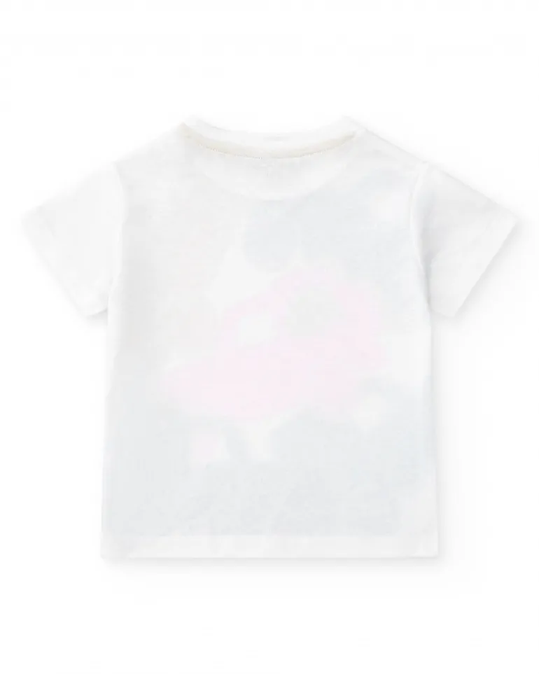 Camiseta blanca para niño con vehículos multicolor y cierre en el hombro