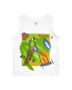 Camiseta blanca sin mangas para niño con estampado tropical
