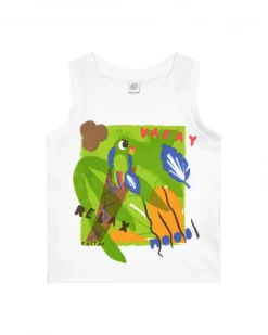 Camiseta blanca sin mangas para niño con estampado tropical