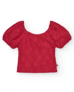 Camiseta de manga corta para niña en rojo con escote y mangas abullonadas