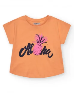 Camiseta de manga corta para niña en naranja con estampado frontal