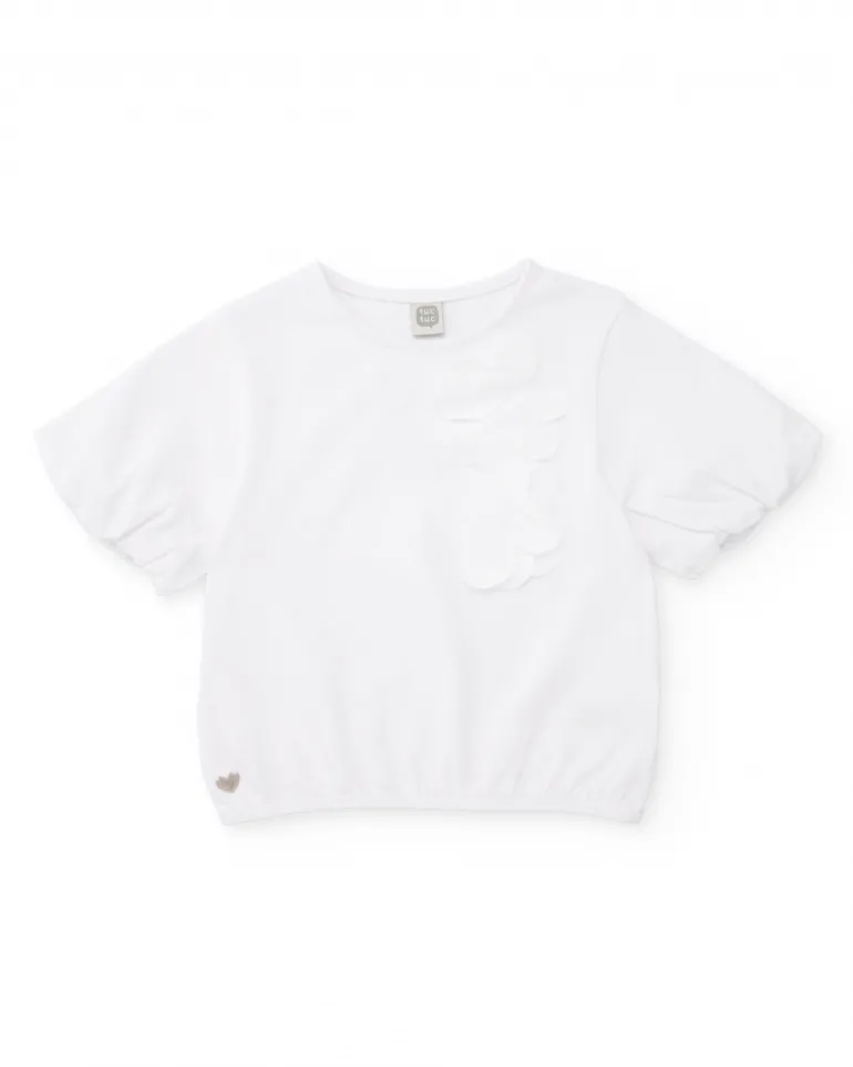 Camiseta de manga corta para niña en blanco con aplique floral