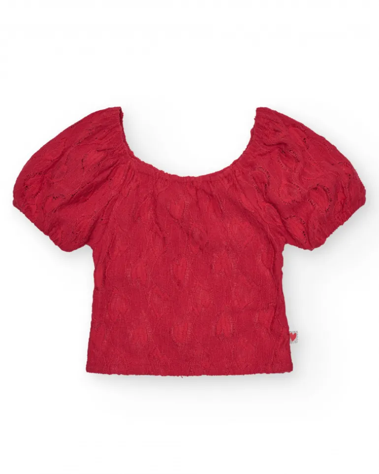Camiseta de manga corta para niña en rojo con escote y mangas abullonadas