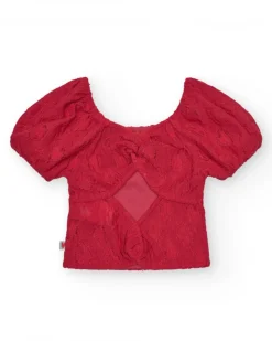 Camiseta de manga corta para niña en rojo con escote y mangas abullonadas