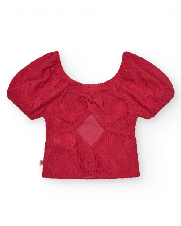 Camiseta de manga corta para niña en rojo con escote y mangas abullonadas