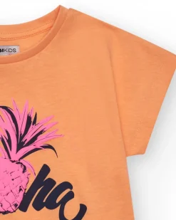 Camiseta de manga corta para niña en naranja con estampado frontal