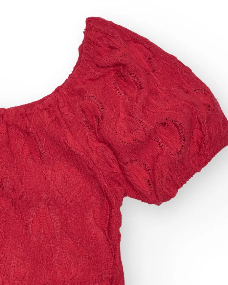 Camiseta de manga corta para niña en rojo con escote y mangas abullonadas