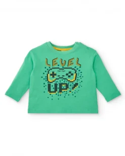 Camiseta de manga larga para niño en verde con estampado "Level Up" colección Cyber Dino