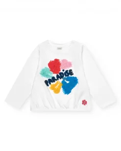 Camiseta de manga larga para niña en blanco con apliques florales