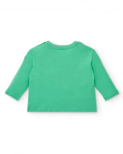 Camiseta de manga larga para niño en verde con estampado "Level Up" colección Cyber Dino