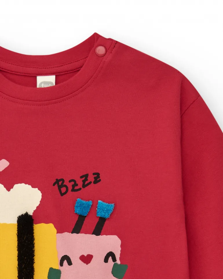 Camiseta de punto niña en rojo con detalle bordado de abeja Happy Garden