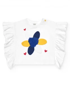 Camiseta de punto para niña en blanco con volantes y flor bordada