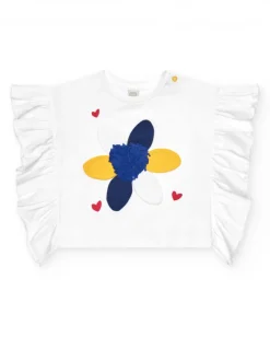 Camiseta de punto para niña en blanco con volantes y flor bordada