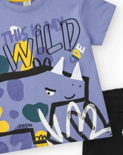 Camiseta lila para niño con dinosaurio y texto "This is my wild side"