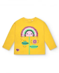 Camiseta manga larga amarilla con arcoíris y flor para niña colección Cyber Dino
