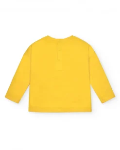 Camiseta manga larga amarilla con arcoíris y flor para niña colección Cyber Dino