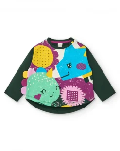 Camiseta manga larga verde con estampado de dinosaurios para niña colección Cyber Dino