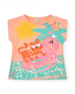 Camiseta naranja para niña con tigre, flamenco y detalles tropicales