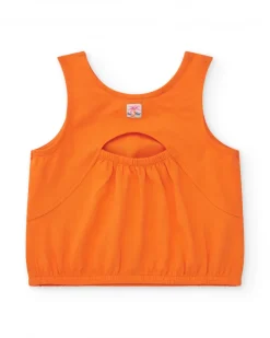 Camiseta naranja sin mangas para niña con cara de gato y detalles metálicos