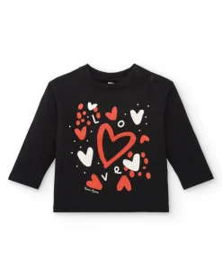 Camiseta negra con estampado de corazones rojos y blancos para niña de la colección Cartoon Calling
