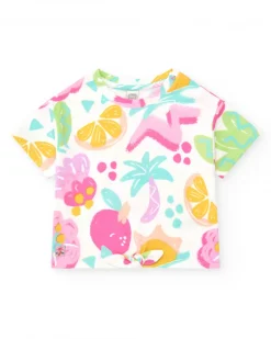 Camiseta para niña con frutas tropicales y nudo decorativo