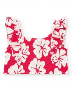 Camiseta para niña con volantes y estampado floral en rojo y blanco