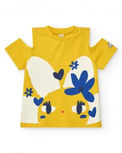 Camiseta para niña en amarillo con flores y mangas abiertas