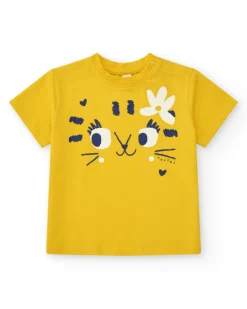 Camiseta para niña en amarillo con gato y flor azul