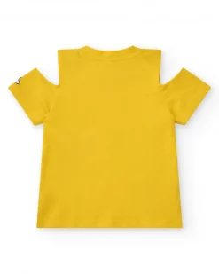 Camiseta para niña en amarillo con flores y mangas abiertas