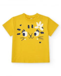 Camiseta para niña en amarillo con gato y flor azul