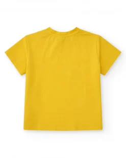 Camiseta para niña en amarillo con gato y flor azul