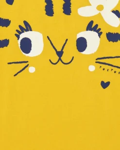 Camiseta para niña en amarillo con gato y flor azul