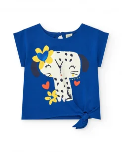 Camiseta para niña en azul con lazo lateral y botón trasero