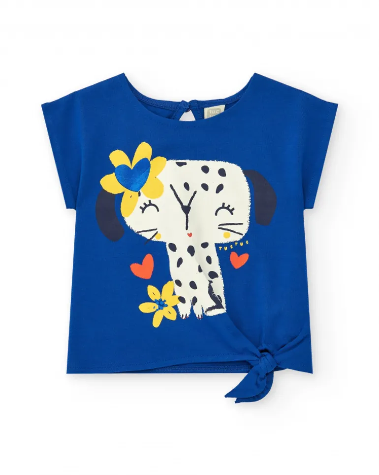 Camiseta para niña en azul con lazo lateral y botón trasero