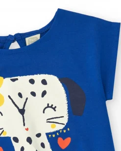 Camiseta para niña en azul con lazo lateral y botón trasero