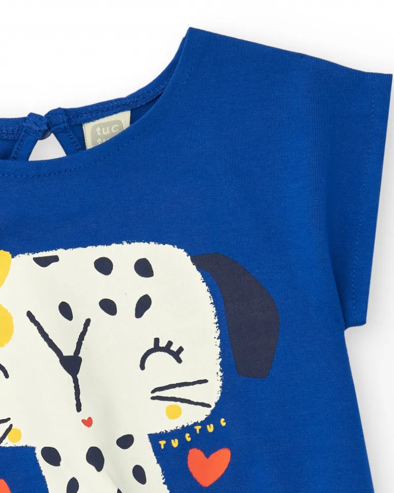 Camiseta para niña en azul con lazo lateral y botón trasero
