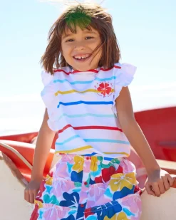 Camiseta para niña en blanco con rayas multicolor y volantes