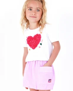 Camiseta para niña en blanco con mangas abullonadas y fruncido