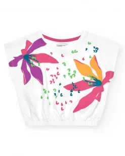 Camiseta para niña en blanco de manga corta y estampado floral