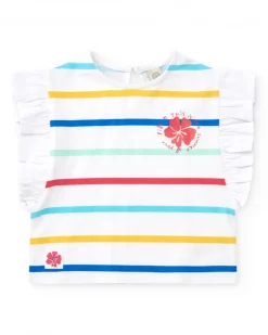 Camiseta para niña en blanco con rayas multicolor y volantes