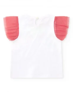 Camiseta para niña en blanco con mangas de tul rosa y cierre trasero